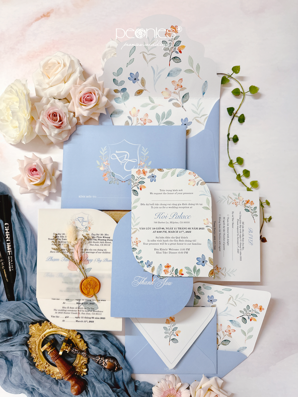Luxurious Blue Wedding Invitation & Paper Die Cut With Dried Flower Wax Stamp P240431