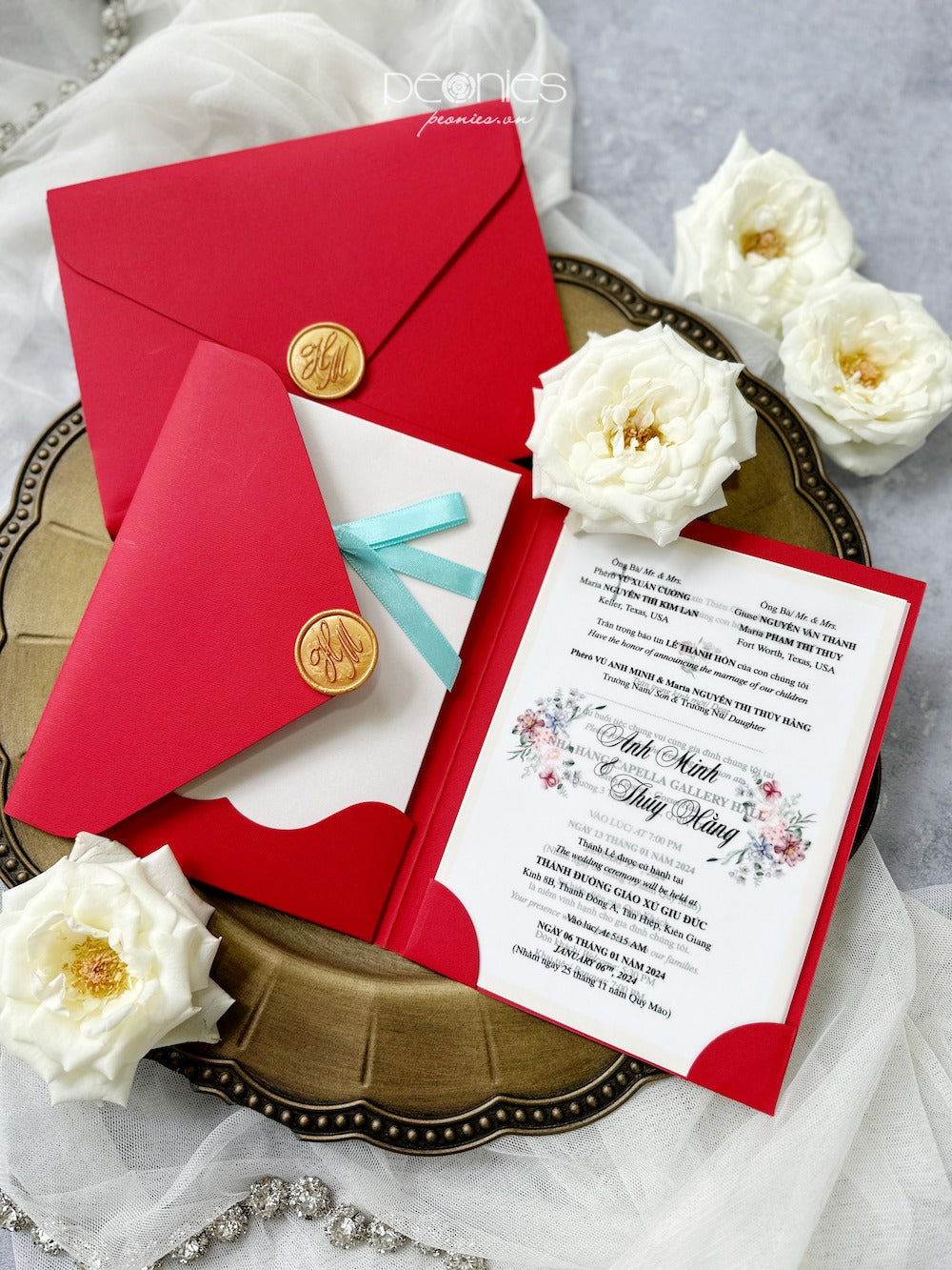 P230934 Red Elegant Invitation – Peonies Wedding