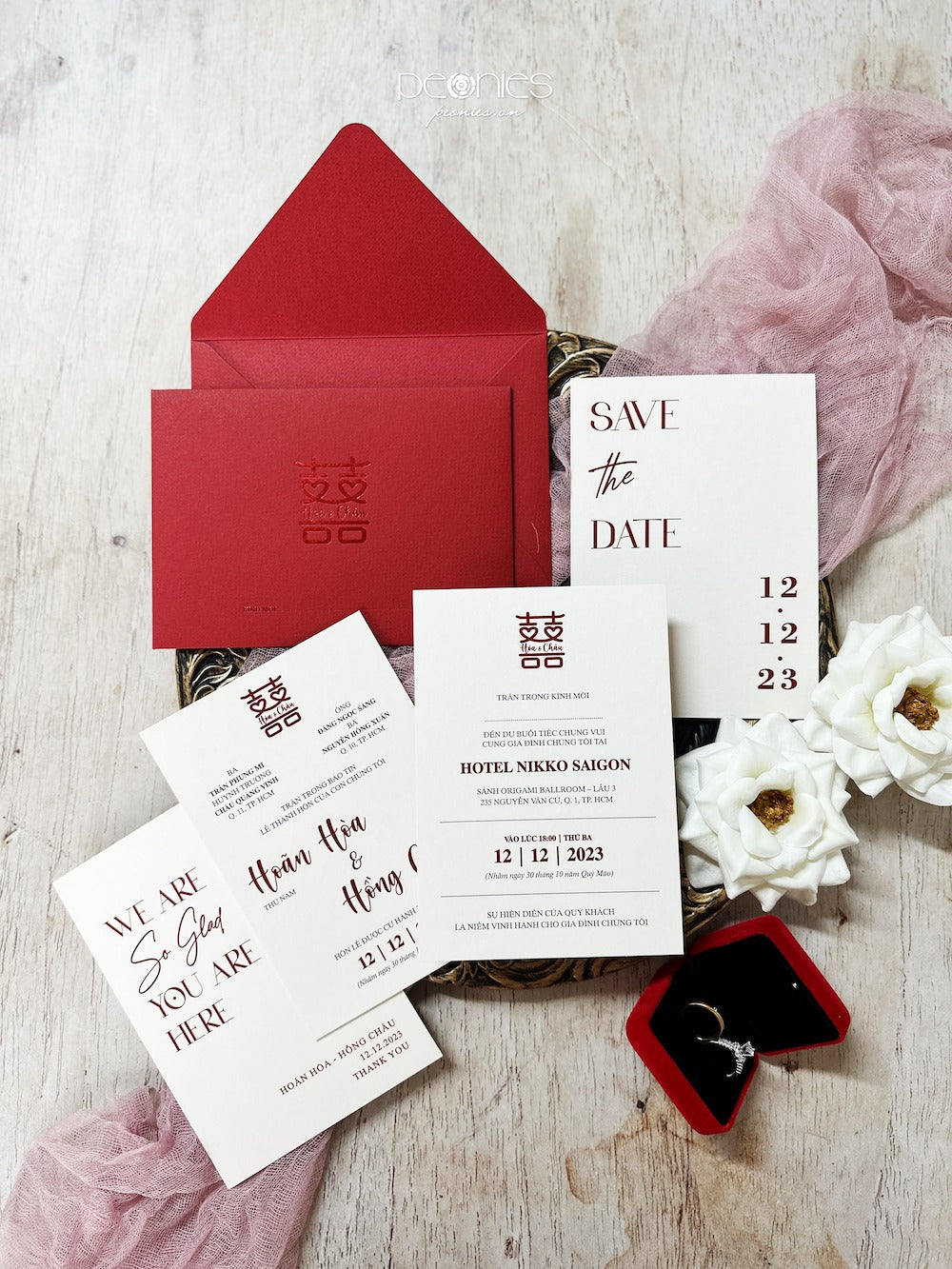 P231269 Luxury Red Traditional Invitations – Peonies Wedding