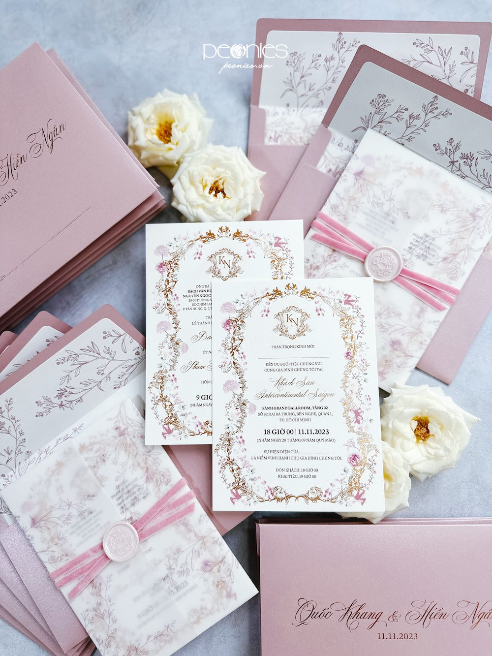 Elegant Wedding Invites with Light Pink Velvet Ribbon – Peonies Wedding