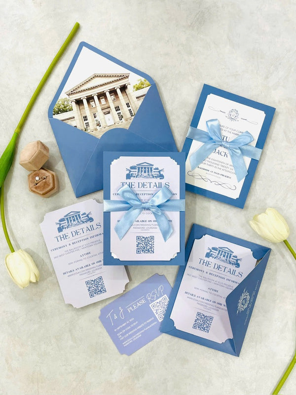 Elegant Venue Illustration Blue Wedding Invitation with Ribbon P250515