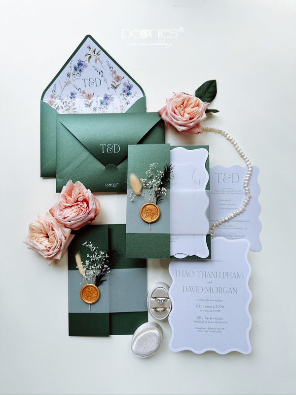 Classy Emerald Green Shaped Wedding Invitation with Dried Flower P250102