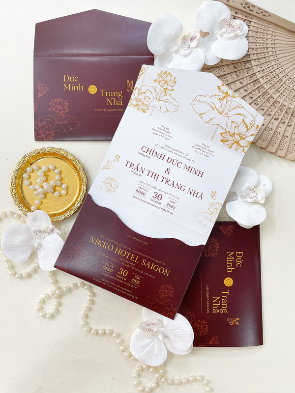 Elegant Lotus Red Tri-fold Pocket Wedding Invitation P250808