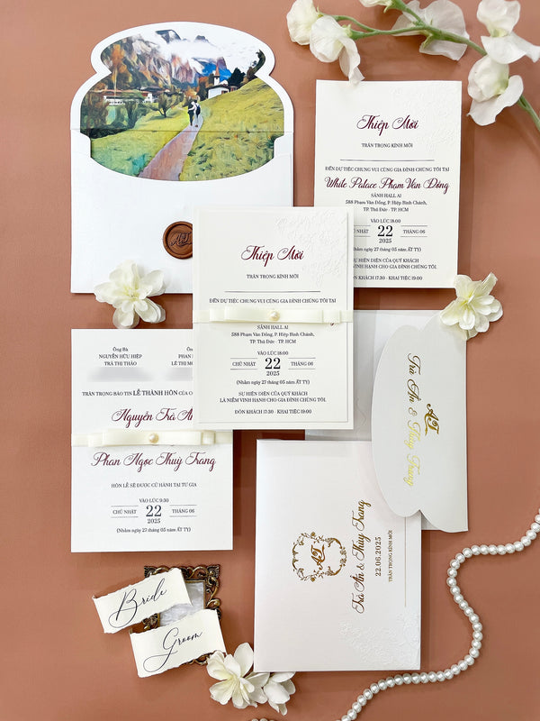 Luxury Embossed Floral Silk Ribbon Wedding Invitation P250901