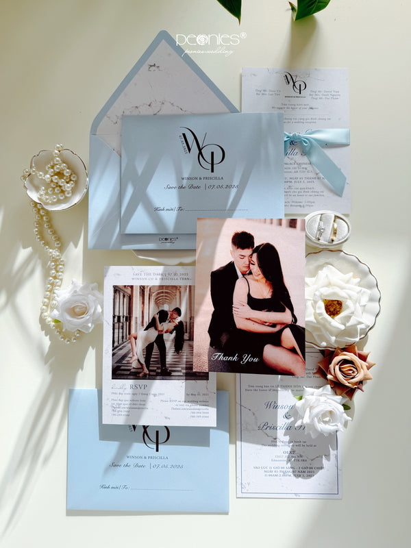 Elegant Couple Photo Blue Ribbon Wedding Invitation P250401