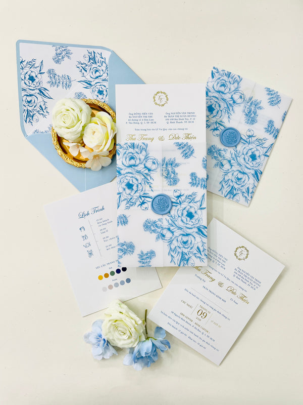 Luxury Gold Foil Blue Wedding Invitation with Vellum Jacket P250517