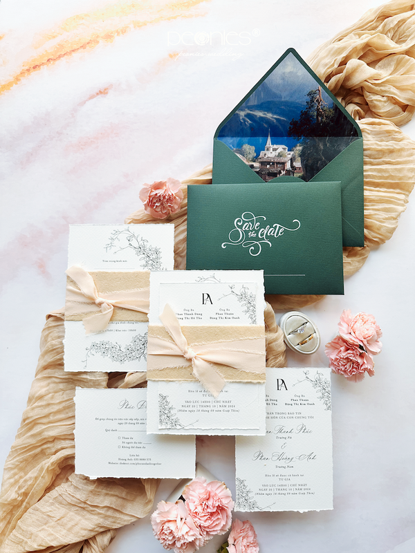 Artistic, Luxurious Wedding Invitation With Greenery Color, Hand-torn Border, Handmade Paper Belt