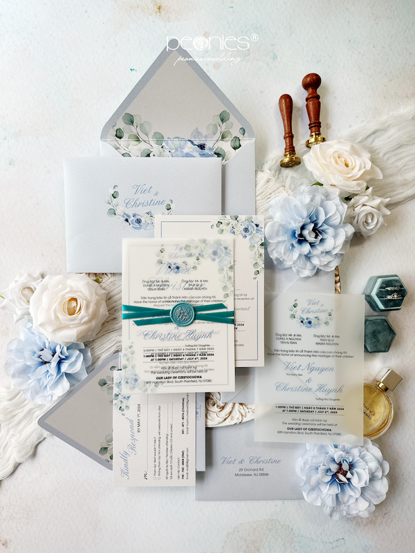 Classy Dusty Blue Watercolor Flowers Wedding Invitations with Ribbon & Wax Seal, Paper Plastic Invited P240818