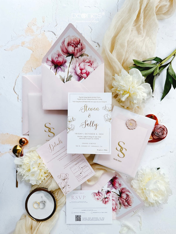 Elegant, Graceful Pocket Vellum With Gold Deckled Edg Wax Seal And Peonies Printing Wedding Invitations  P240711