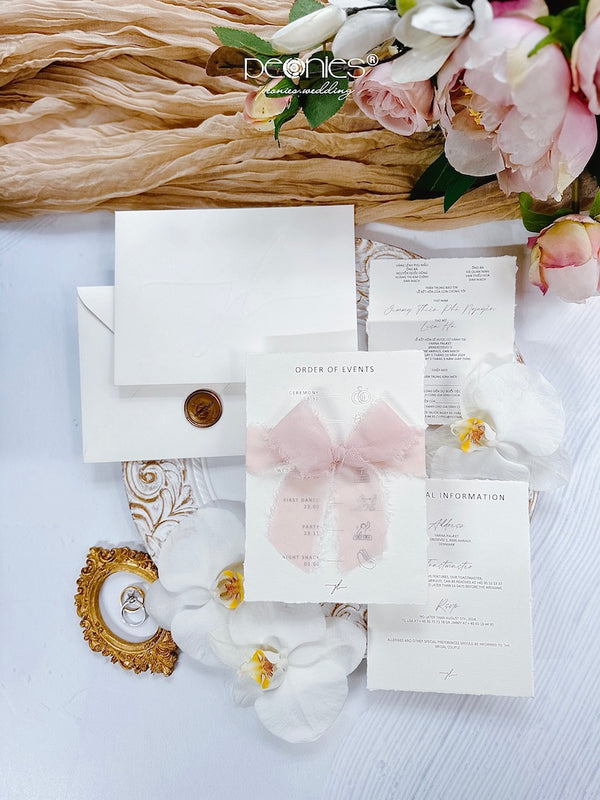 P240702 - Elegant White And Chiffon Ribbon With Wax Seal Hand Made Paper Inviting