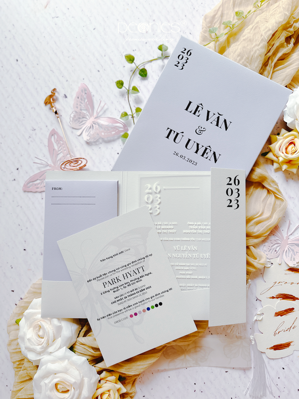 Luxury Lilac Wedding Invitation with Boxed Envelope, Wax Seal, Belt Print Butterfly Vellum, Acrylic Invited P240817