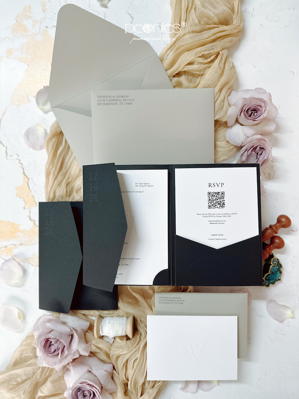 Luxurious and Classy Wedding Invitation With Black Pocket, Embossed Letters P240802