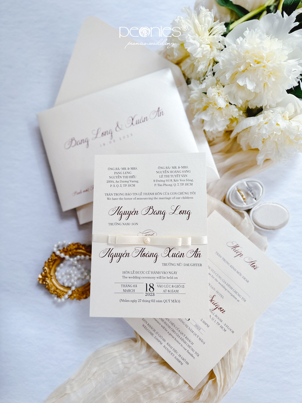 Luxurious, Sophisticated Wedding Invitation With Pearl-studded Ribbon, Gorgeous Beige Color From Large-sized Pearl Paper P240712