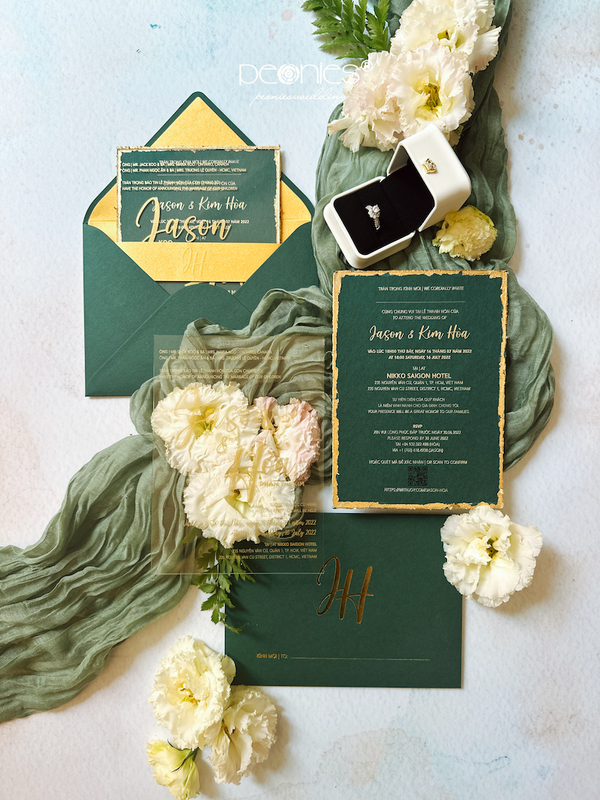 Wedding Invitations With Gold Deckle Edge Greenery Paper, Acrylic Gold Foiled & Embossed Belt P240807