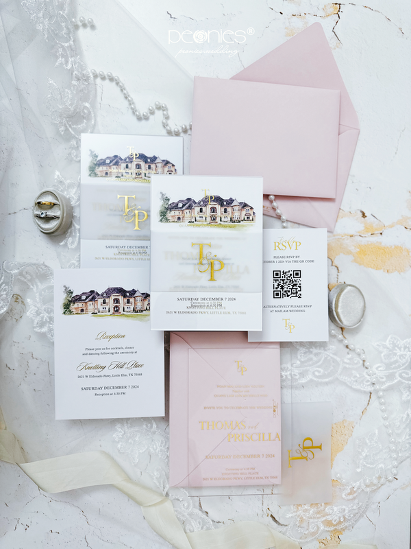 Classic Pink Pastel Wedding Invitaitons With Gold Foil Acrylic & Watorcolor Painting Venue & Foil Can Paper Belt