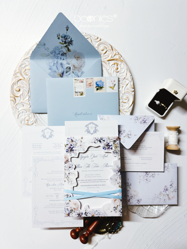 Dusty Blue Pocket With Stamp Envelope Wedding Invites P240801