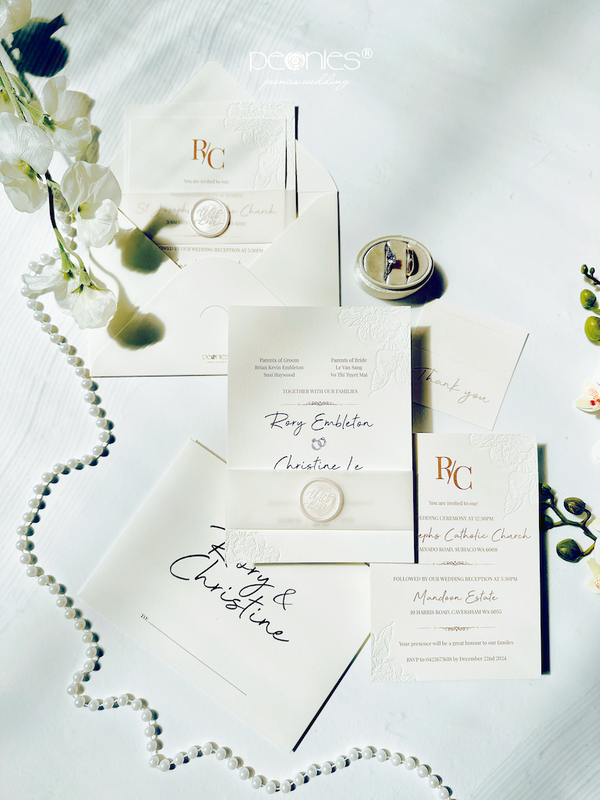 Luxury & Elegance From Premium Embossed Wedding Invitations, Delicate White & Stamps, Wax Seals, Vellum Paper Belts P240813