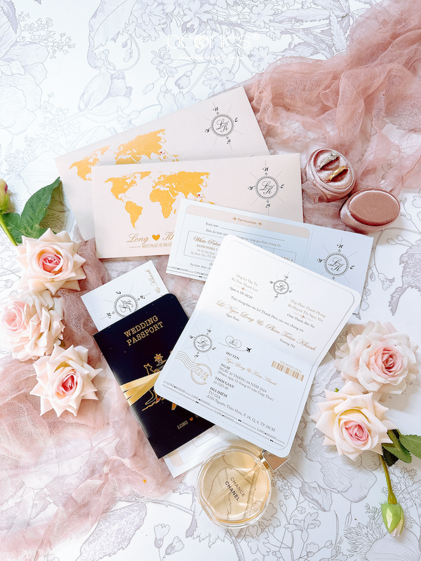 Mysterious And Impressive With Black Passport Wedding Invitation With Gold Ribbon & Laser Cut Airplane Motif P240812