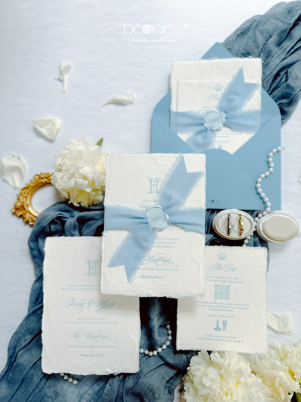 P240709 Luxurious, Impressive Wedding Invitation With Handmade Paper, Embossed Patterned Border, Wax Seal Attached With High-quality Chiffon Ribbon