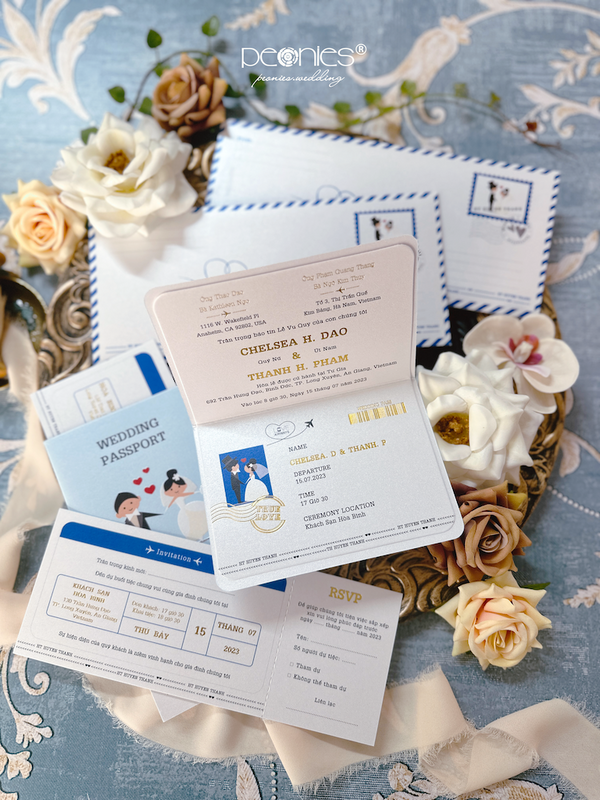 Embossed Bride & Groom with Passport Invitation and Blue Passport Wedding P240816