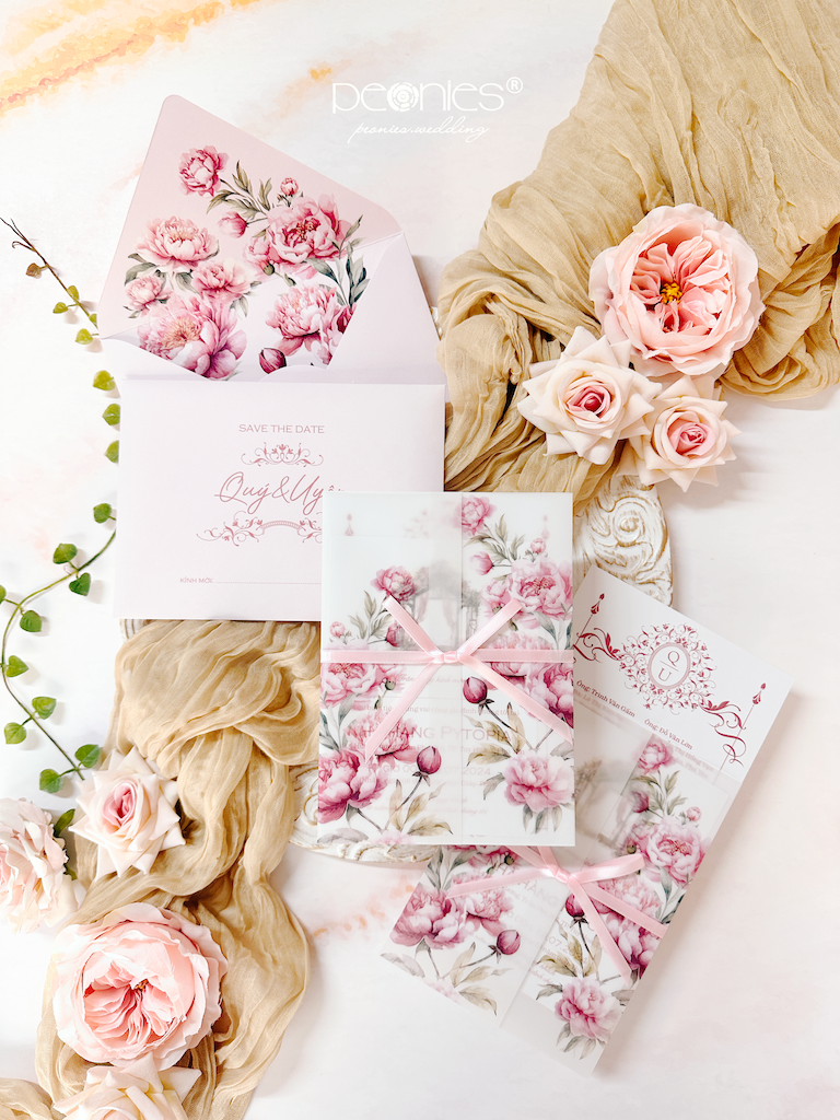 Vellum Printing Peony with Pink Ribbon Wedding Invitation P240707 ...