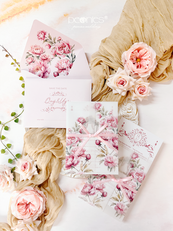 Vellum Printing Peony with Pink Ribbon Wedding Invitation P240707