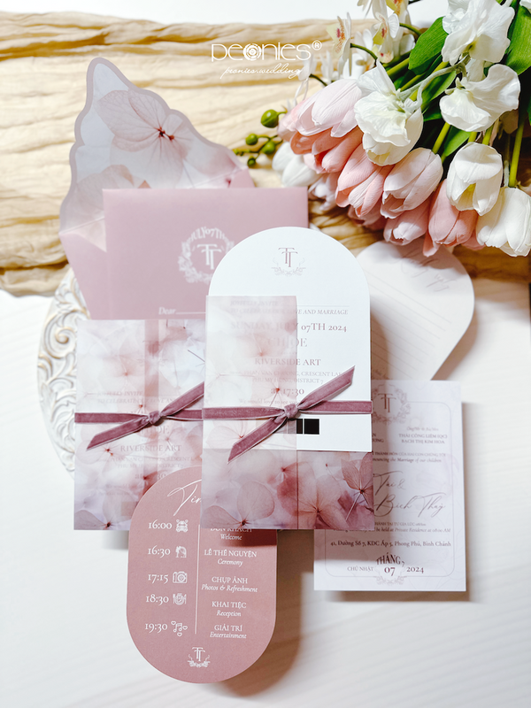 Rustic Vellum with Velvet Ribbon with Dusty Pink Invitations P240708