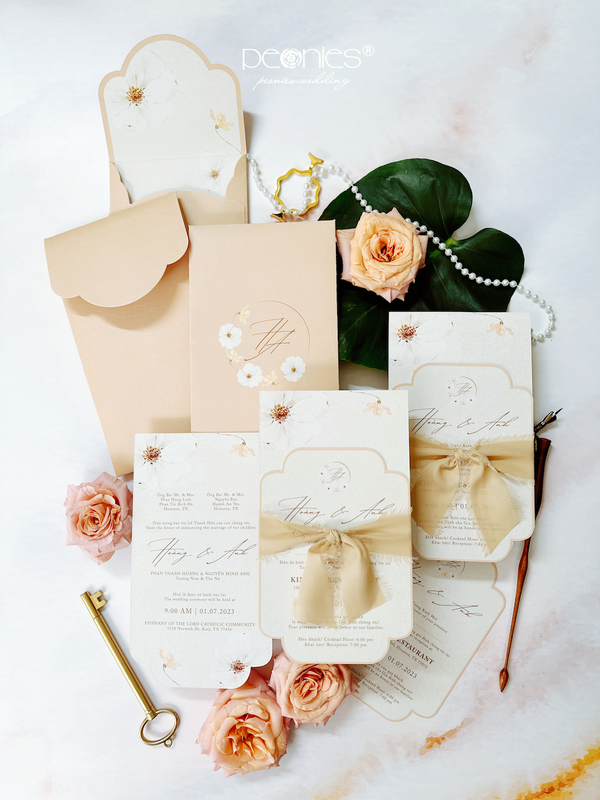 P240602 Beige Silk Chiffon and Layer Fancy Wedding Invitaions