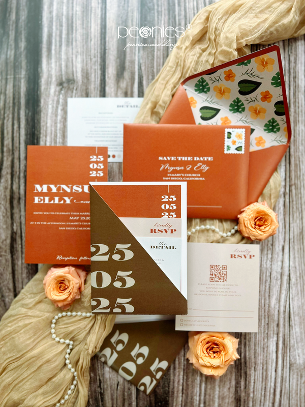 P240510 Bespoke Terracotta Wedding Invitations With Boho Pocket