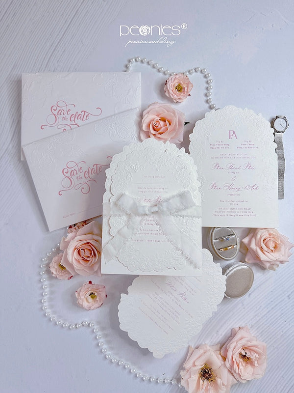 Elegant Embossed Peony & Letterpress Pink Letter Wedding Invitations With White Chiffon Bows P241005