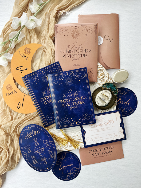 P240507 Gorgeous Starry Night Celestial Wedding Invtiations with gold foill and navy blue theme