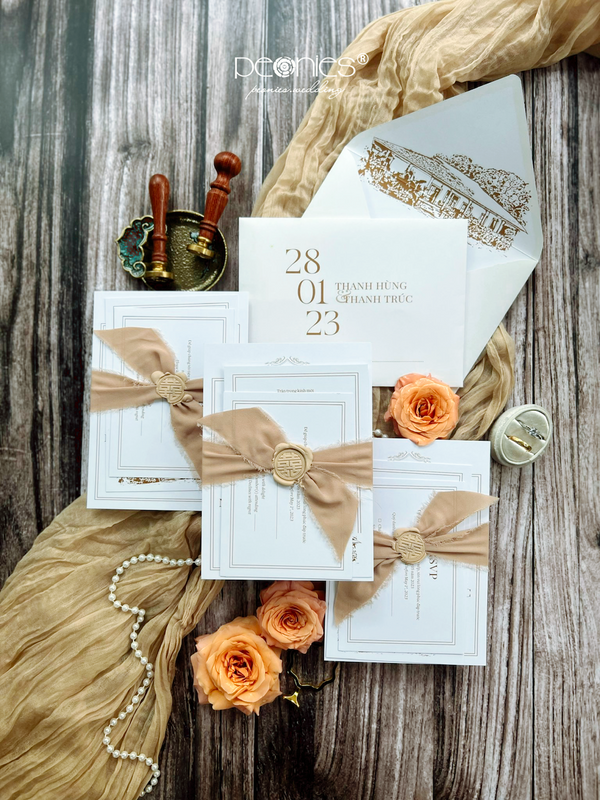 P240510 Handmade Happiness Wax Seal & Silk Chiffon Ribbon Wedding Invitations