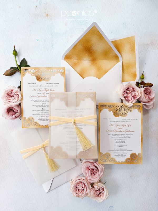 Golden Laser Paper, Velvet Ribbon and Decorative Tassels Wedding Invitations P240505