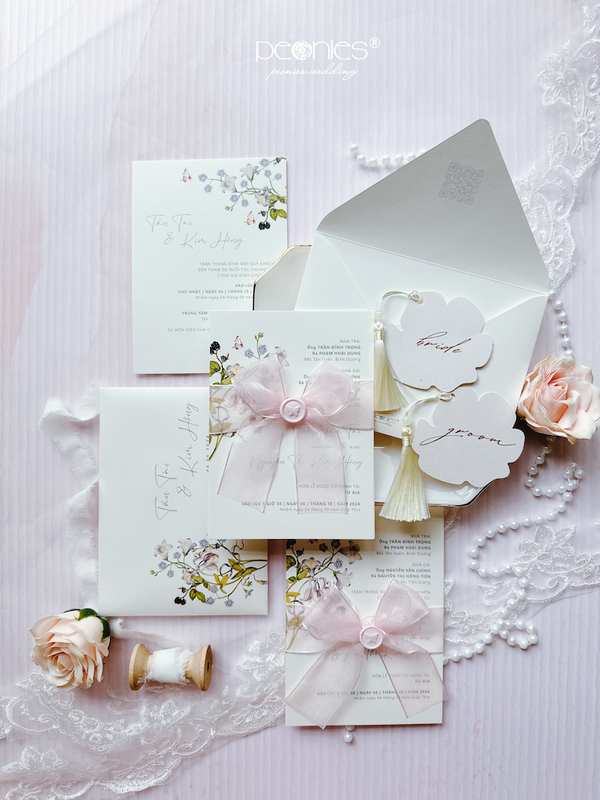 Simple, elegant wedding invitation with pastel pink bow and cute little butterfly wax seal P241007