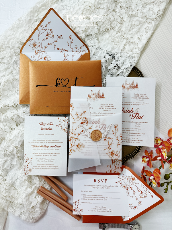 P240509 Custom Cut Vellum Wrapping, Sealing Wax Stamp & Starlight Foil Paper Wedding Invitations