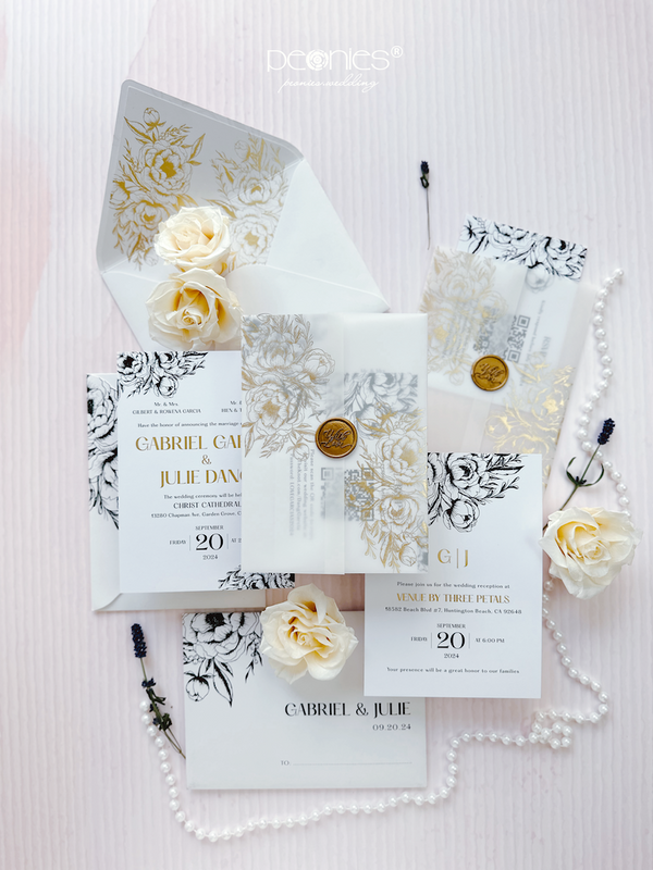 Black and White Wedding Invitations, With Gold Foil Vellum Can, Foiling Invited, Wax Seal