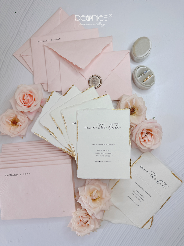 Lovely Pink Pastel With Hand Made Paper and Gold Foil, Deckle Edge, Champage Wax Seal Invitations P240914