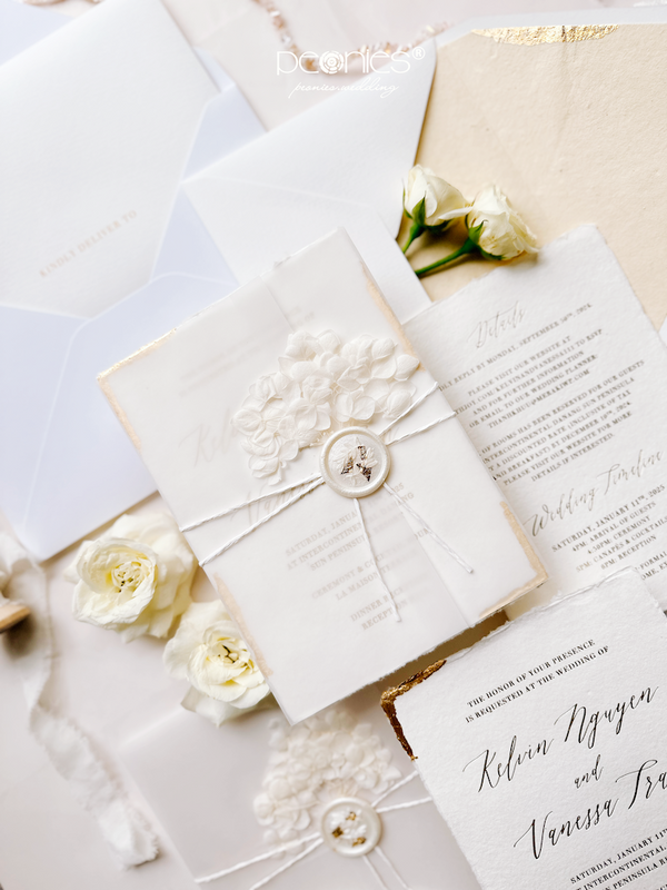 Chic Gold Deckled Hand Torn Edge Wedding Invitation with Dried Flower P241210