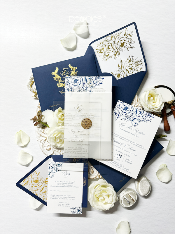 P240609 Elegant Acrylic Gold Foil And Wax Seal Vellum With Navy Blue Envelop Wedding Invites