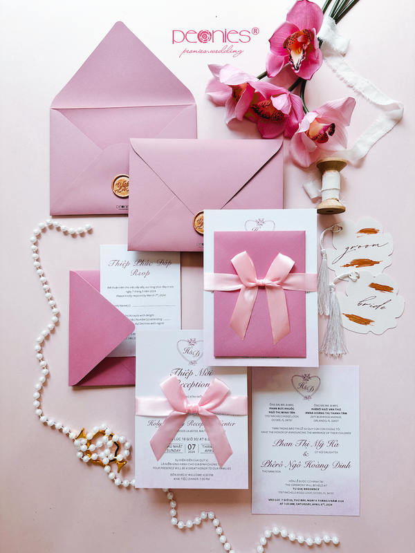 Lovely Pink Pastel Wedding Invitations With Pink Ribbon and Gold Wax Seal Invited P240917