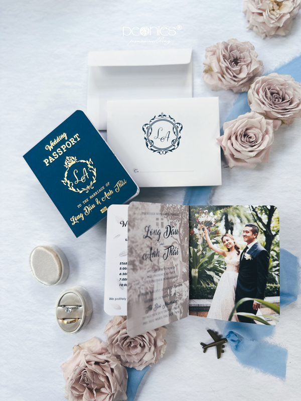 Luxury Dark Blue Gold Foil Passport Wedding Invitation P240504