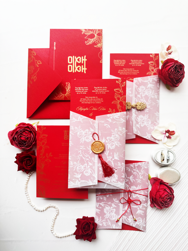 Traditional Gold Metallic Red Wedding Invitation with Floral Printed Vellum Jacket P241215