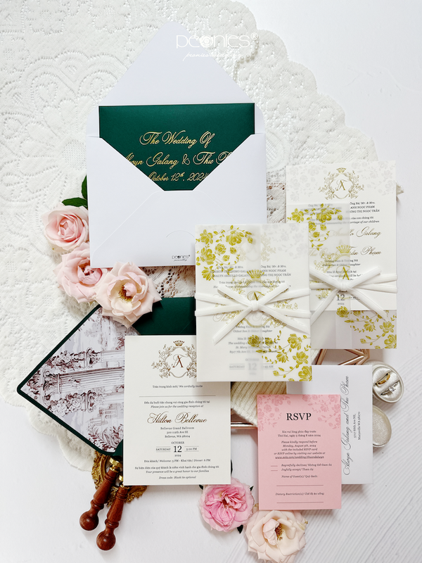 P240612  Elegant Greenery With Vellum Wrap, Wax Seal, Velvet Ribbon, and Gold Foil Envelop Wedding Invites