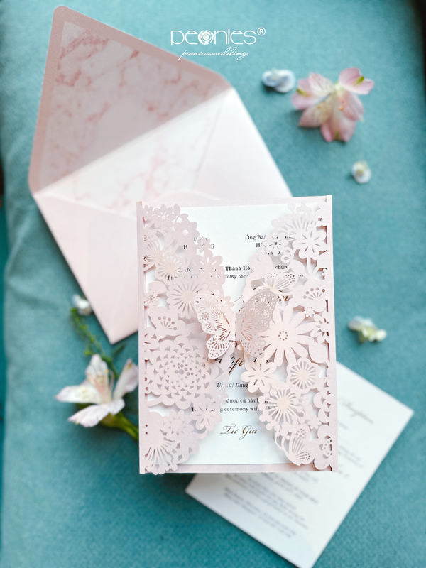 Elegant Pastel Pink Wedding Invitations, With Impressive Laser Cut Butterfly Cover P240906
