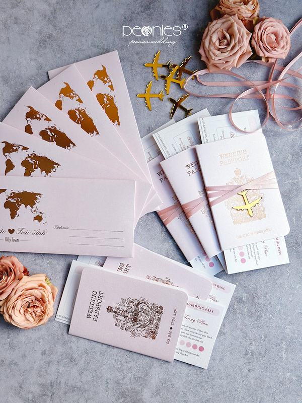 Luxurious And Elegant Light Pink Passport Wedding Invitation, With Gold Acrylic Airplane, Lovely Pink Ribbon P240905