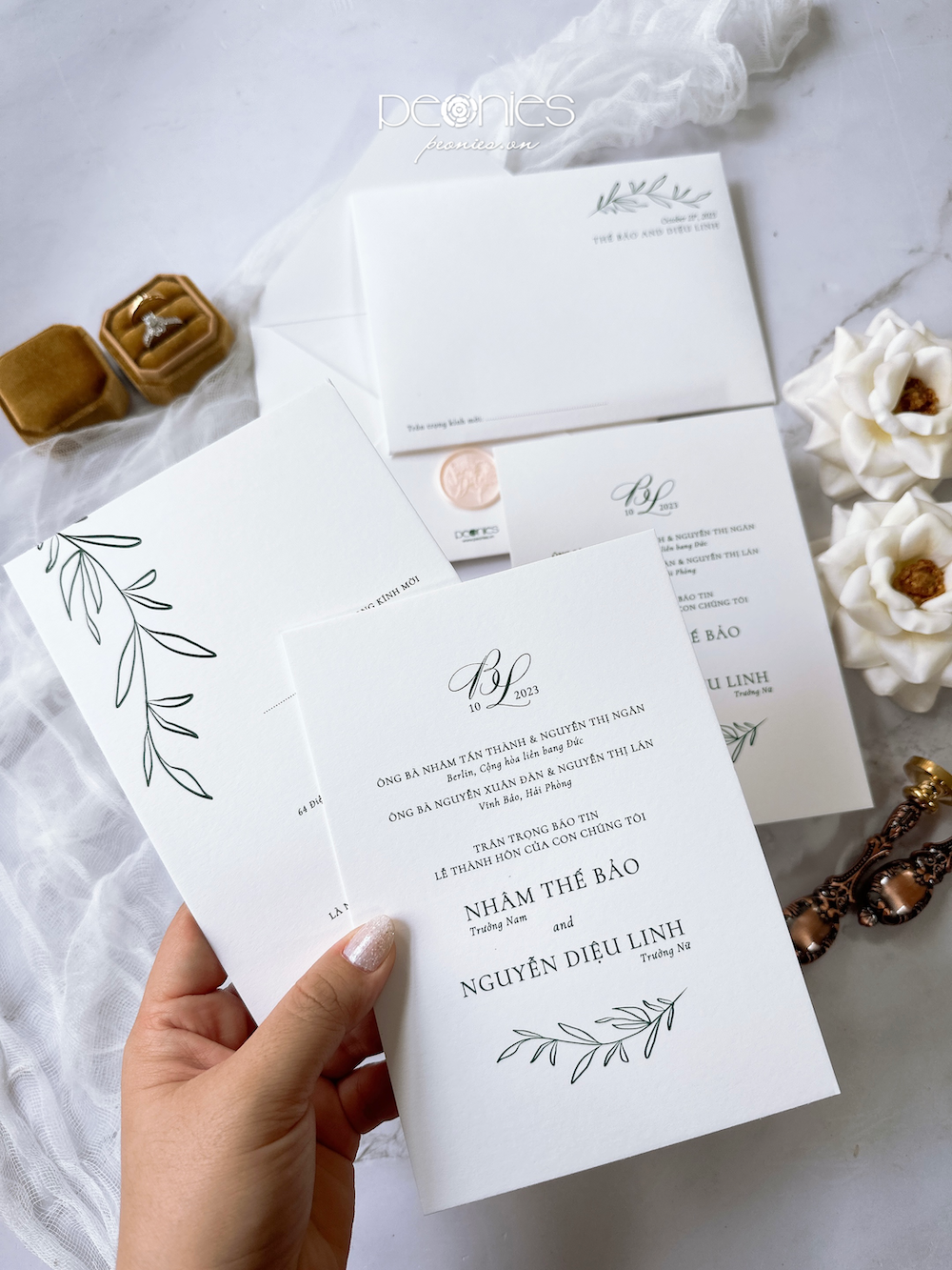 P230942 Elegant White Wedding Invitation – Peonies Wedding