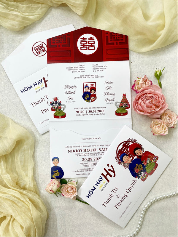 Traditional Double Happiness Tri-fold Pocket Wedding Invitation P250804