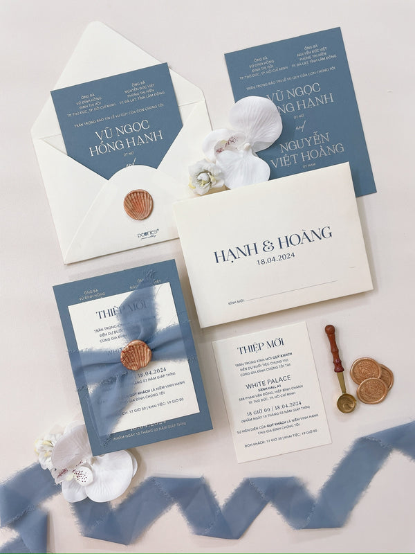 Elegant Silver Foil Dusty Blue Wedding Invitation P250704