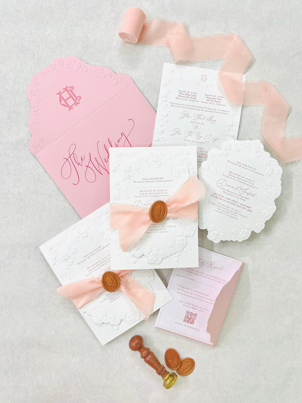 Blush Pink Embossed Floral Frame Wedding Invitation P250723
