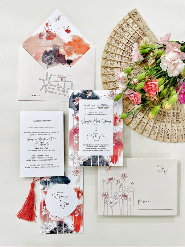 Traditional Watercolor Lotus Wedding Invitation P250724